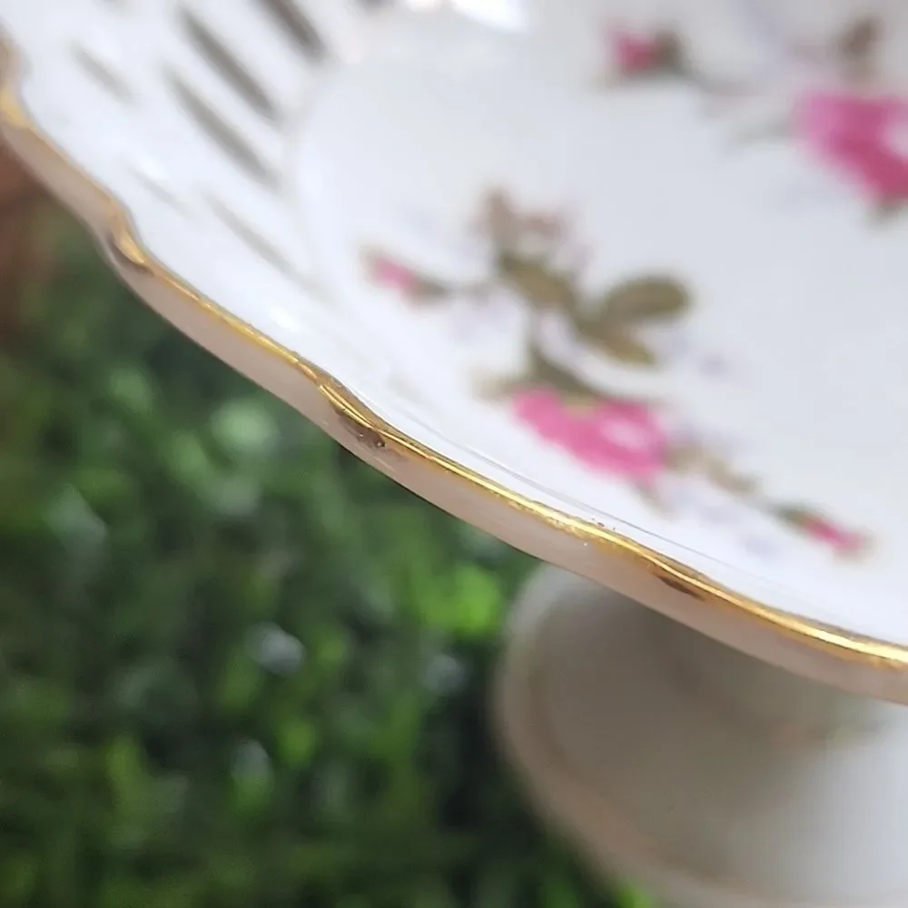 Vintage Japan Moss Rose Pedestal Dish With Gold Tone Detail Coquette Bridal